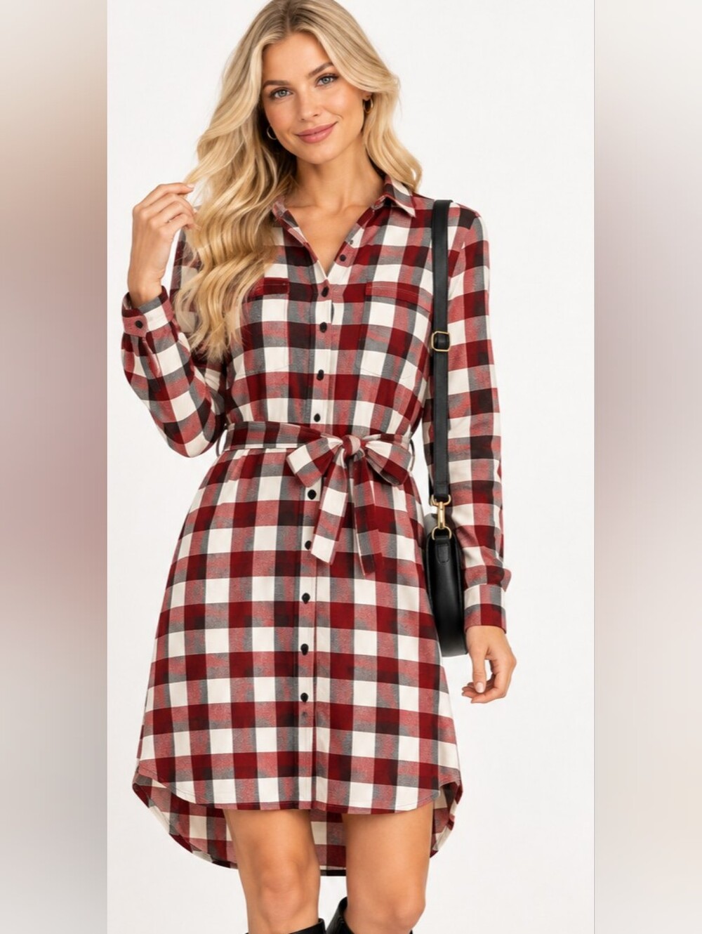 Rag & Bone Beck Plaid Midi Shirt in Red & Black Plaid Tie Front Shirt Dress.